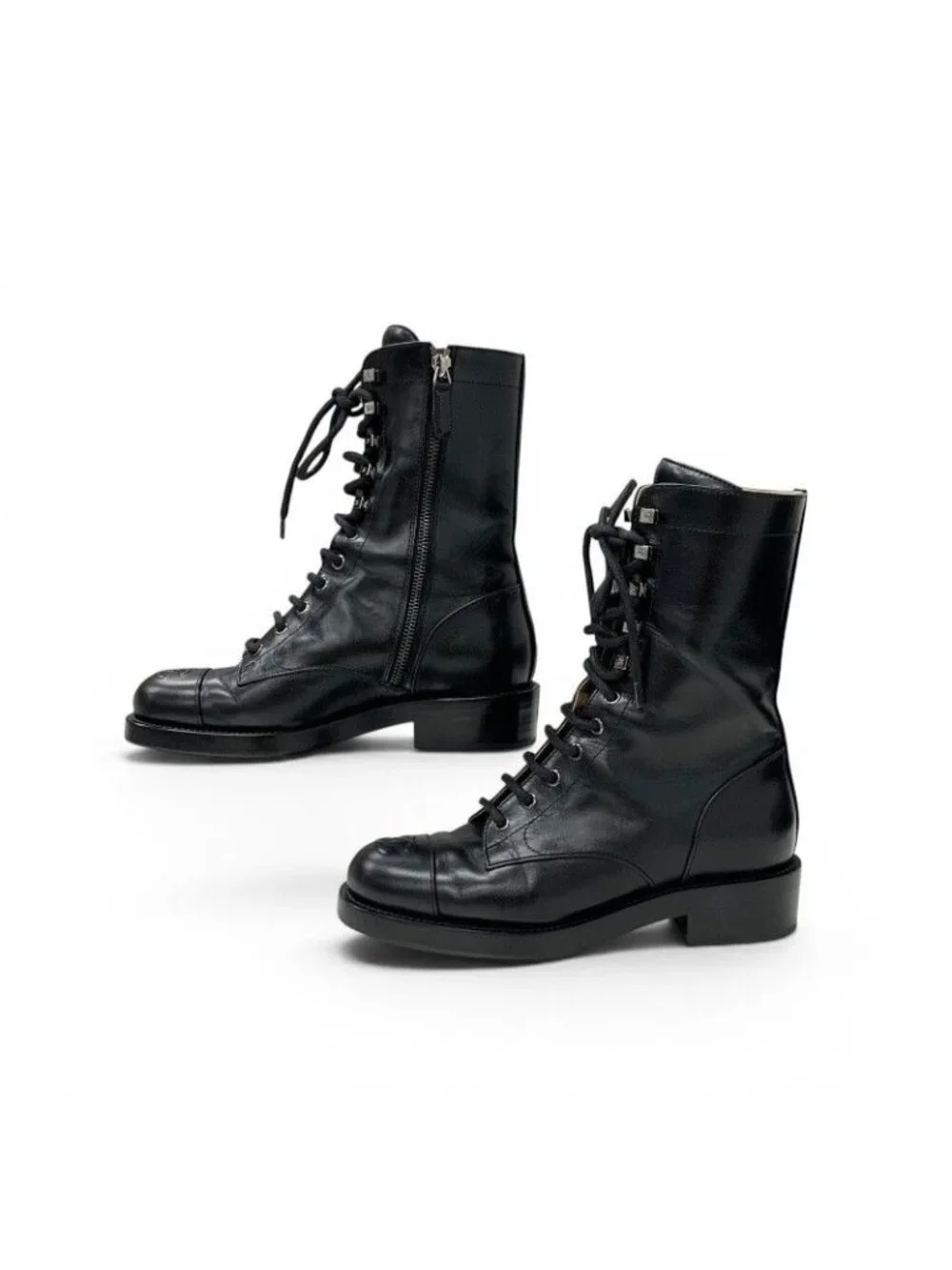 Chanel Boots Short Shoes Leather Black Silver CC Logo Lace